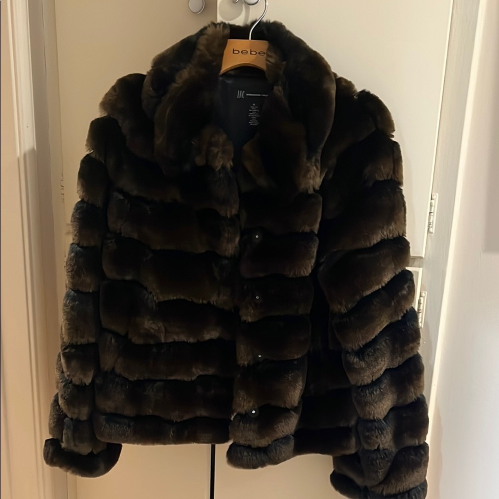 INC International Concepts Brown Teddy Jacket Plush Faux Fur